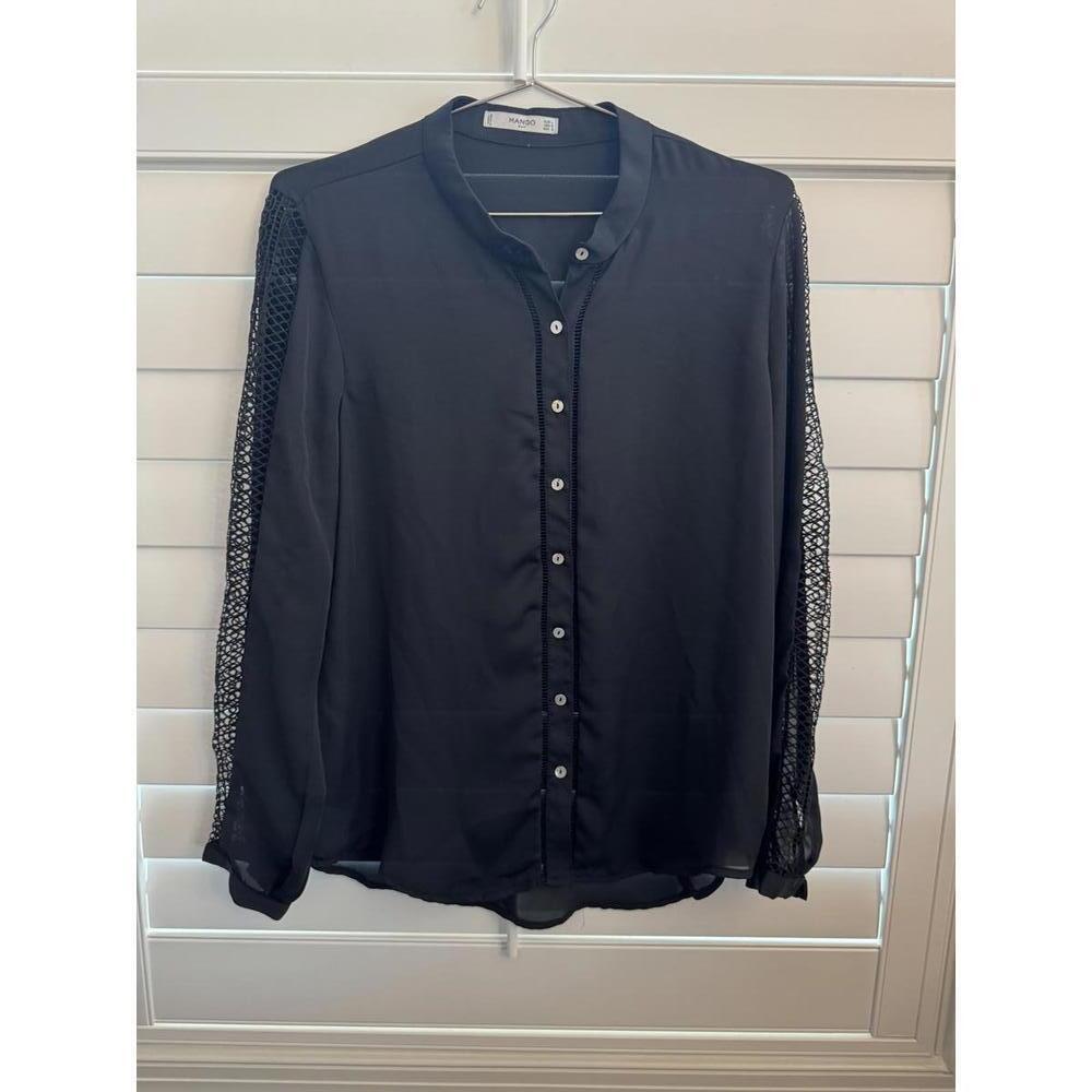 Mango black blouse with lace sleeves and a Mandarin collar size 8
